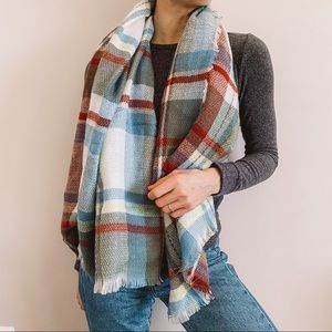 NEW Blue Maroon Plaid Oversized Scarf Shawl | OS